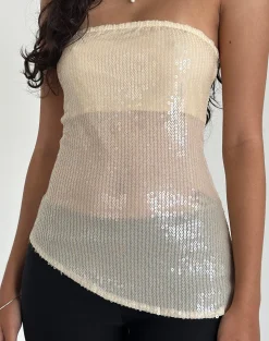 Motel Rocks Bandeau Tops | Sequin Tops-Viksuni Bandeau Top in Nude Clear Tinted Disc