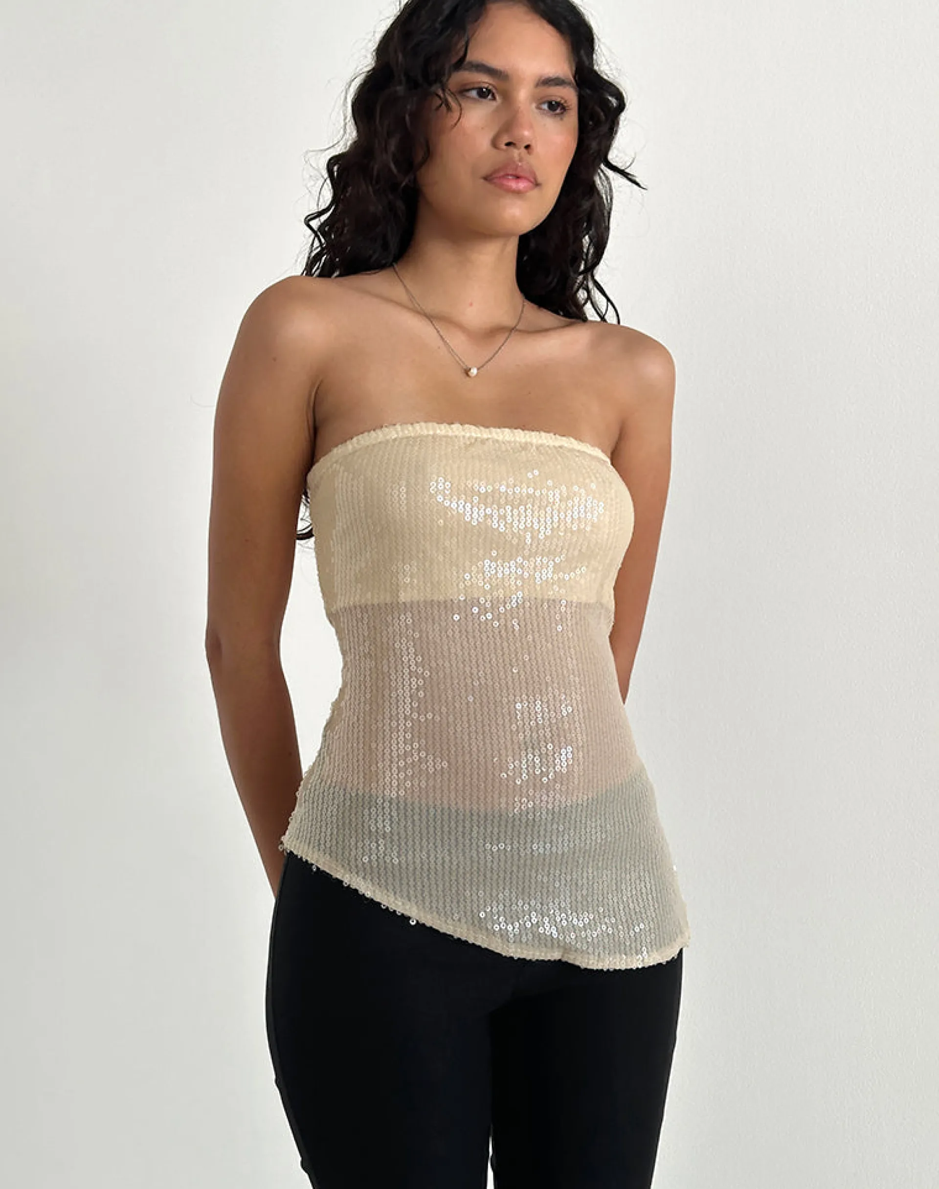 Motel Rocks Bandeau Tops | Sequin Tops-Viksuni Bandeau Top in Nude Clear Tinted Disc