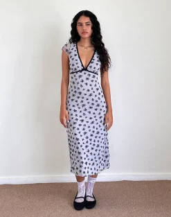 Motel Rocks Printed Dresses | Day Dresses-Vilinia Dress in Pale Grey Flower Cluster Flock PaleGreyFlowerClusterFlock