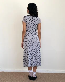 Motel Rocks Printed Dresses | Day Dresses-Vilinia Dress in Pale Grey Flower Cluster Flock PaleGreyFlowerClusterFlock