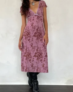 Motel Rocks Day Dresses-Vilinia Midi Dress in Abstract Botanic Mauve AbstractBotanicMauve