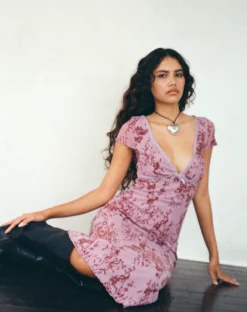 Motel Rocks Day Dresses-Vilinia Midi Dress in Abstract Botanic Mauve AbstractBotanicMauve