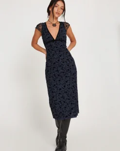 Motel Rocks Printed Dresses | Party Dresses-Vilinia Midi Dress in Pretty Petal Flock Black PrettyPetalFlockBlack