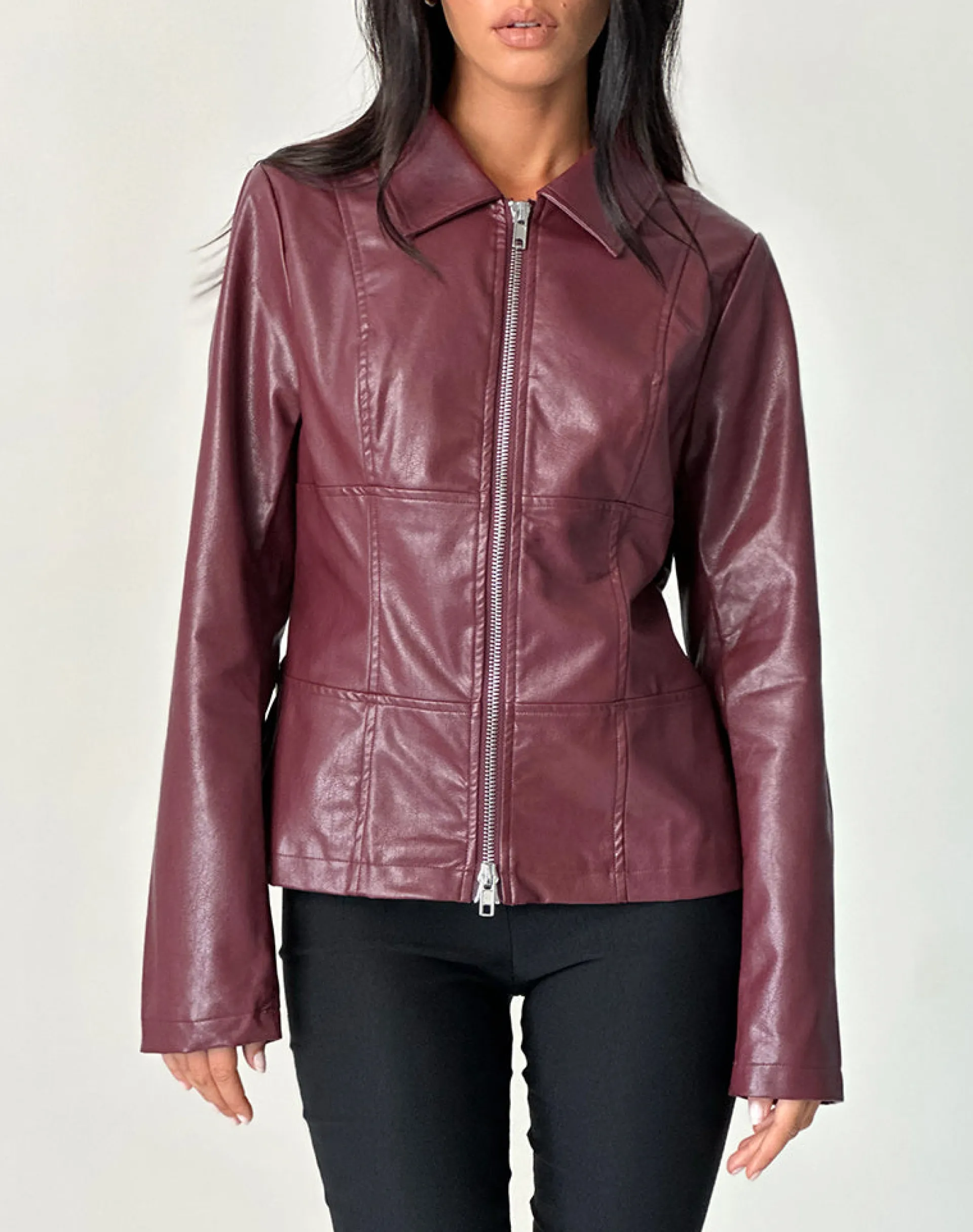 Motel Rocks Co-Ords | Pu Jackets-Vincent Fitted Jacket in PU Burgundy