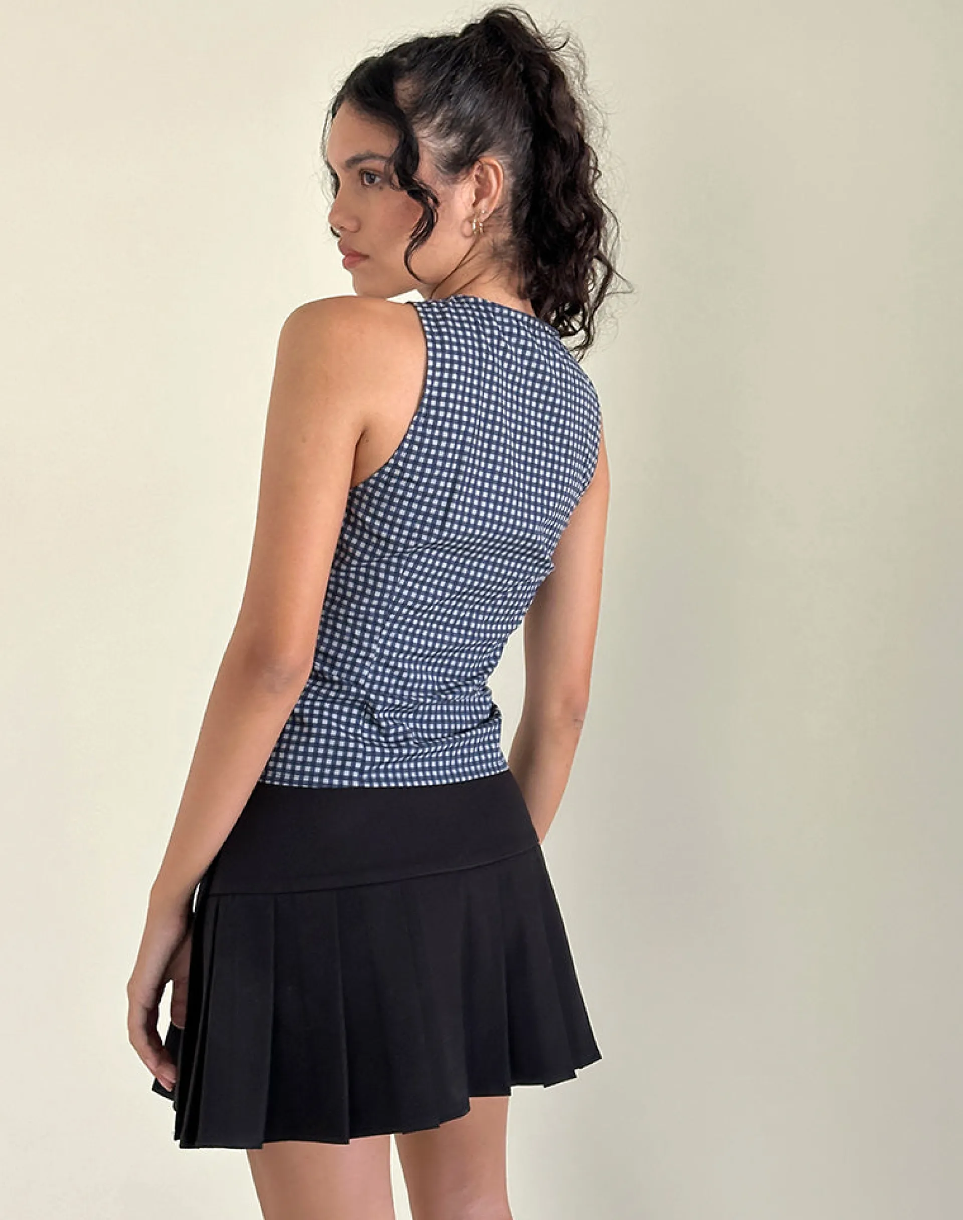 Motel Rocks Printed Tops-Vishata Top in Mini Gingham Dark Blue