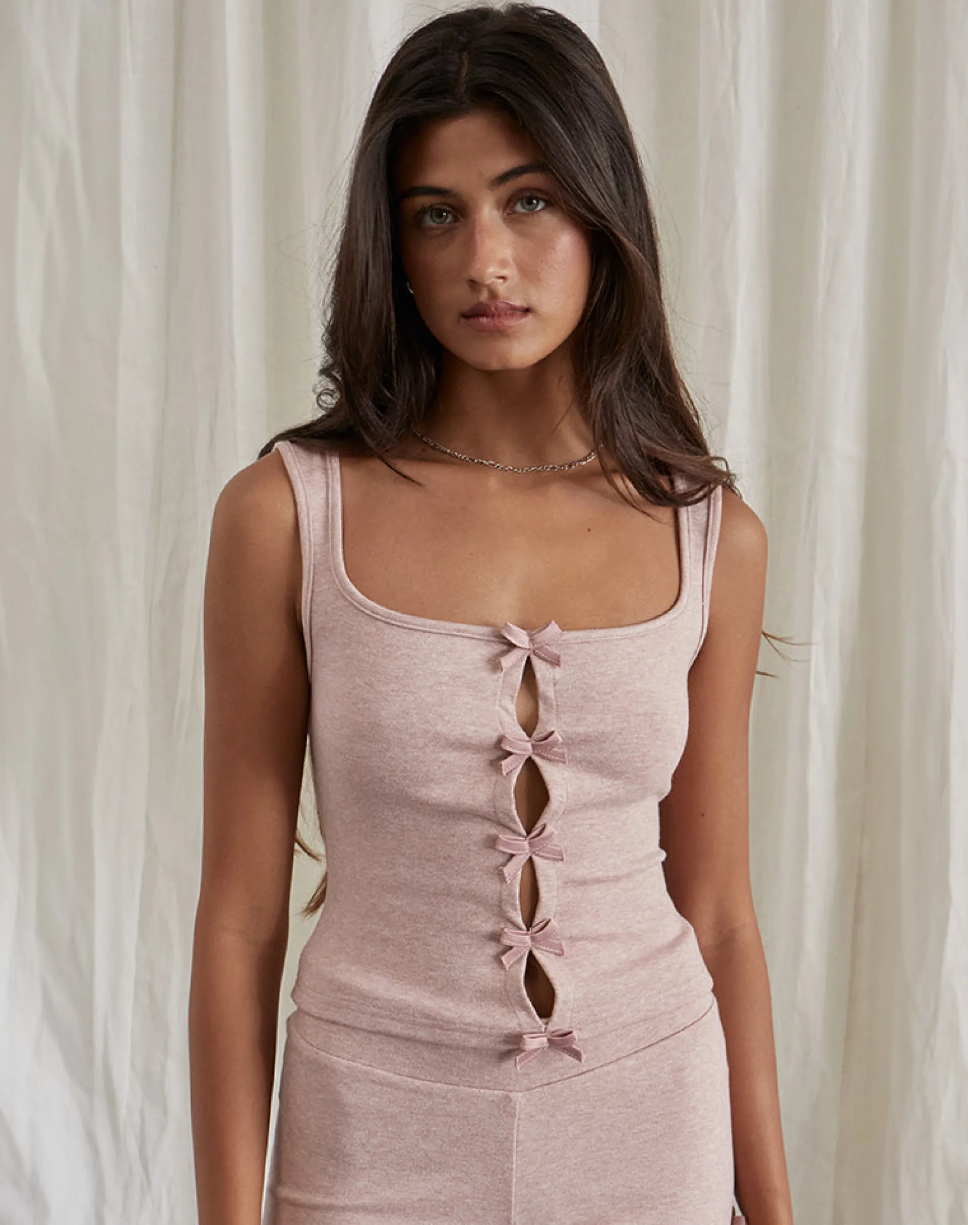 Motel Rocks Loungewear | Co-Ords-Vonnie Bow Vest Top in Knit Sandy Pink SandyPink