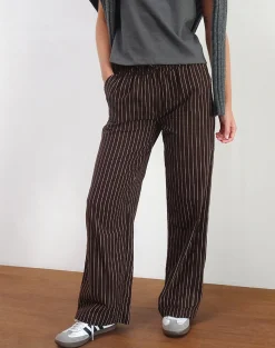 Motel Rocks Wide Leg Pants | Low Rise Pants-Wasic Wide Leg Linen Trousers in Deep Mahogany Pencil Stripe DeepMahoganyPencilStripe