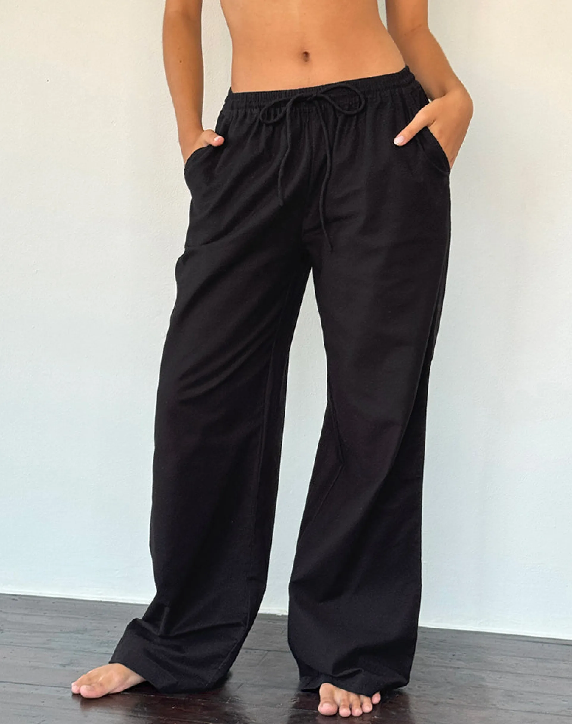 Motel Rocks Low Rise Pants-Wasic Wide Leg Linen Trouser in Black