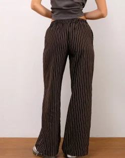 Motel Rocks Wide Leg Pants | Low Rise Pants-Wasic Wide Leg Linen Trousers in Deep Mahogany Pencil Stripe DeepMahoganyPencilStripe