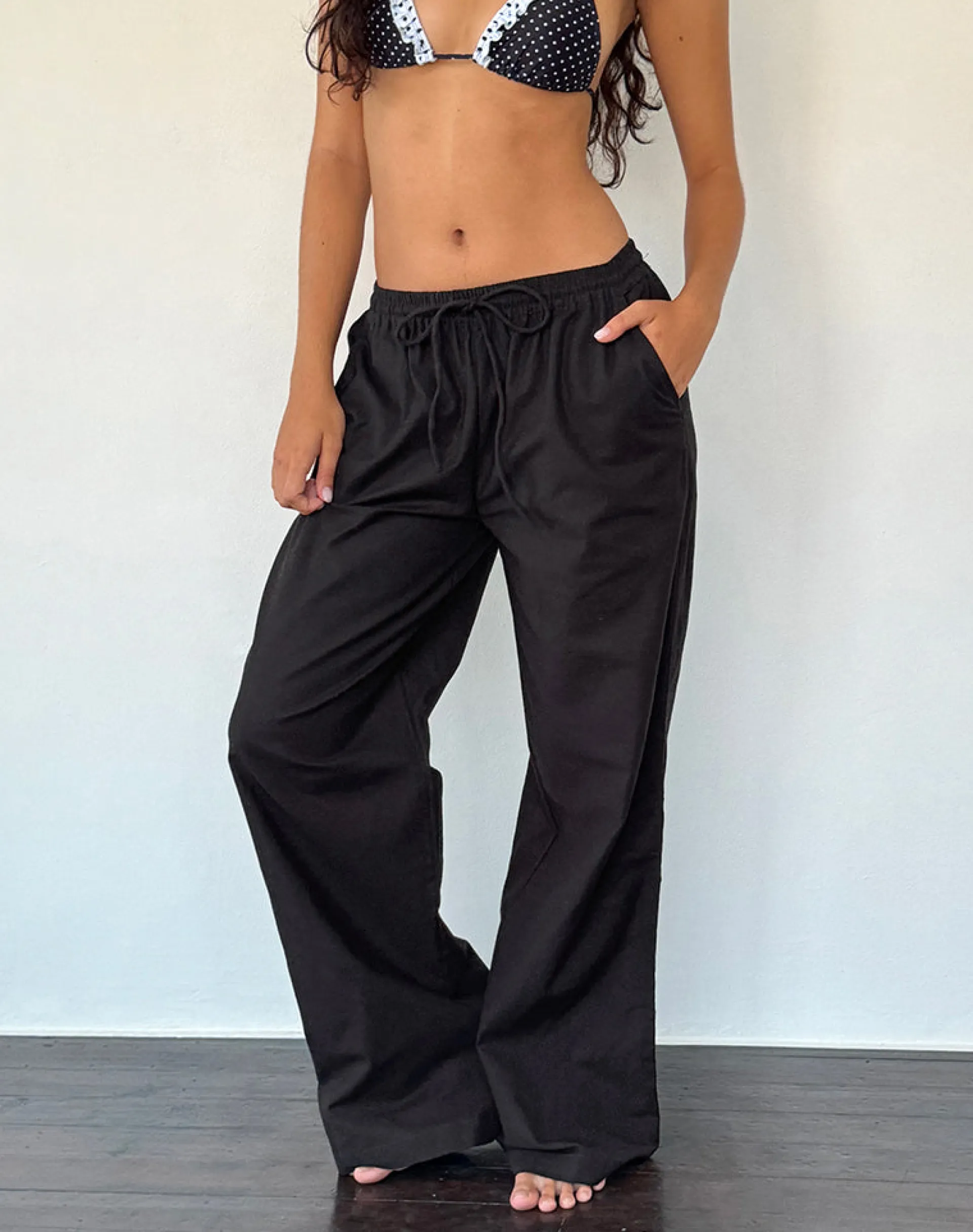 Motel Rocks Low Rise Pants-Wasic Wide Leg Linen Trouser in Black