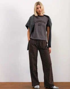 Motel Rocks Wide Leg Pants | Low Rise Pants-Wasic Wide Leg Linen Trousers in Deep Mahogany Pencil Stripe DeepMahoganyPencilStripe