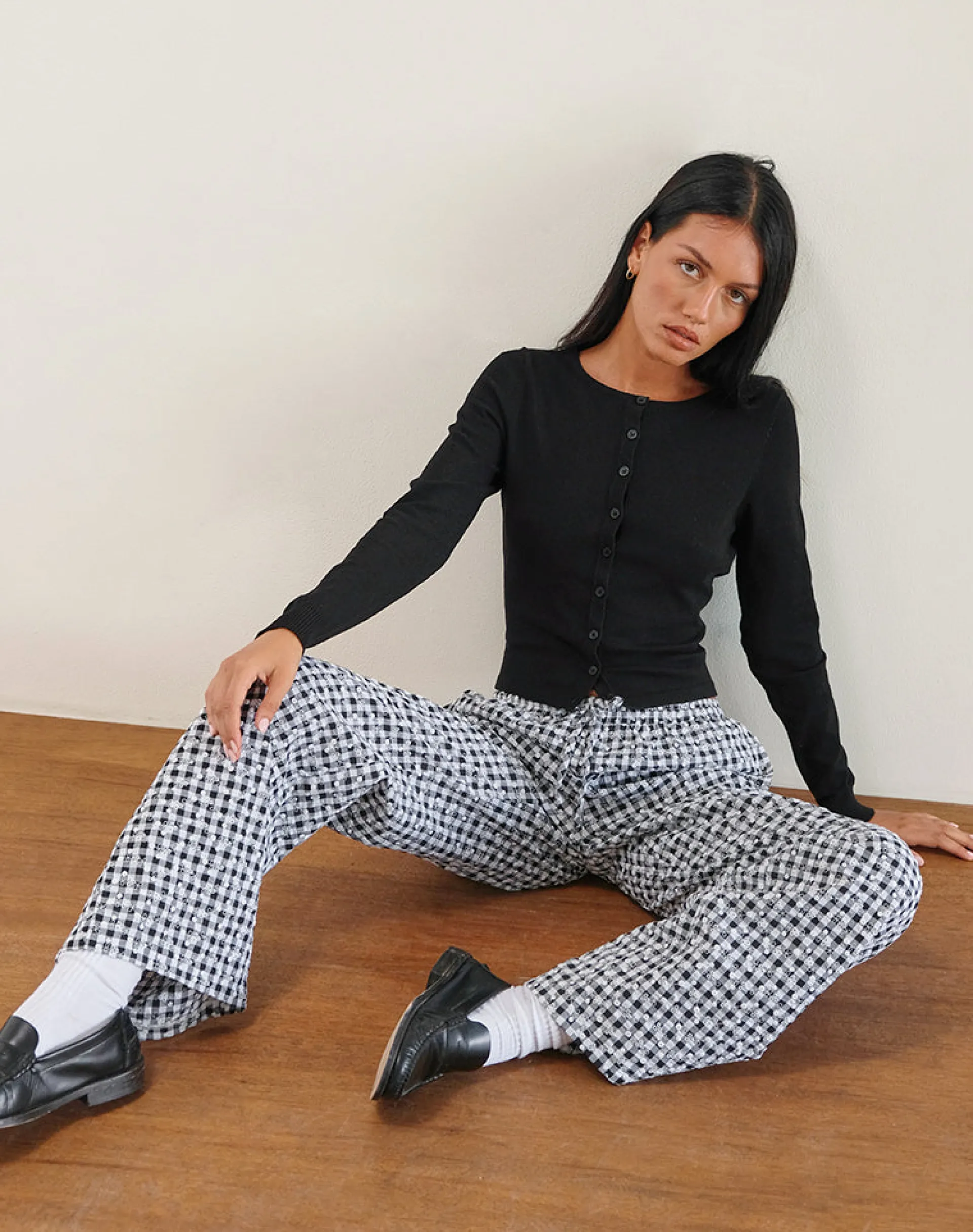 Motel Rocks Wide Leg Pants | Low Rise Pants-Wasic Wide Leg Linen Trouser in Floral Gingham Black FloralGinghamBlack