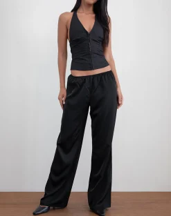 Motel Rocks Tailoring-Waski Wide Leg Trouser in Satin Black SatinBlack