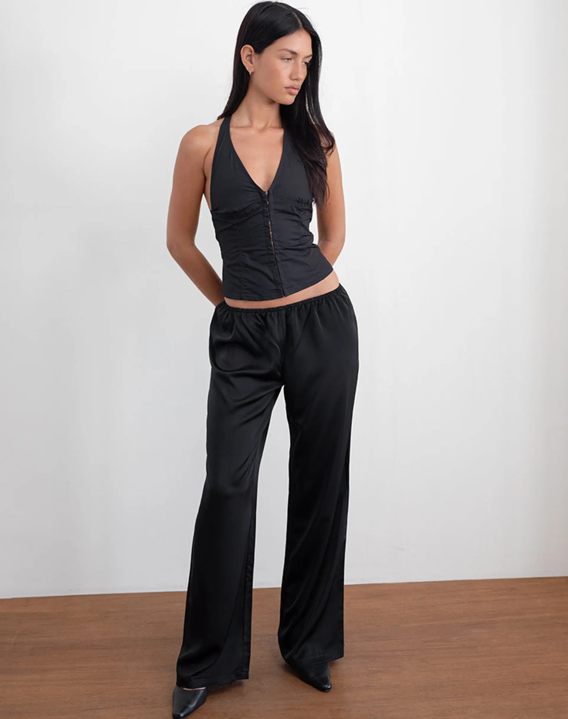 Motel Rocks Tailoring-Waski Wide Leg Trouser in Satin Black SatinBlack