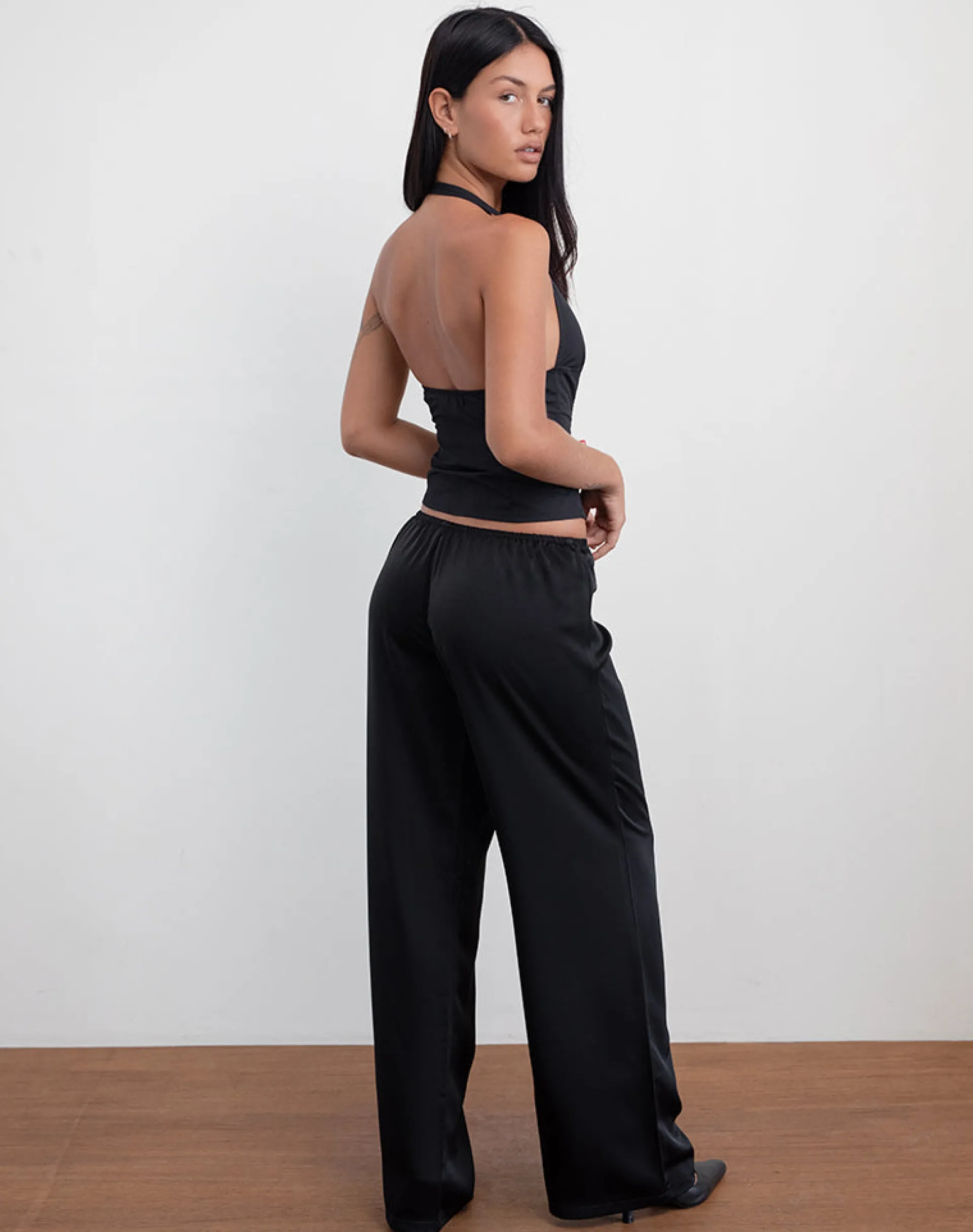 Motel Rocks Tailoring-Waski Wide Leg Trouser in Satin Black SatinBlack