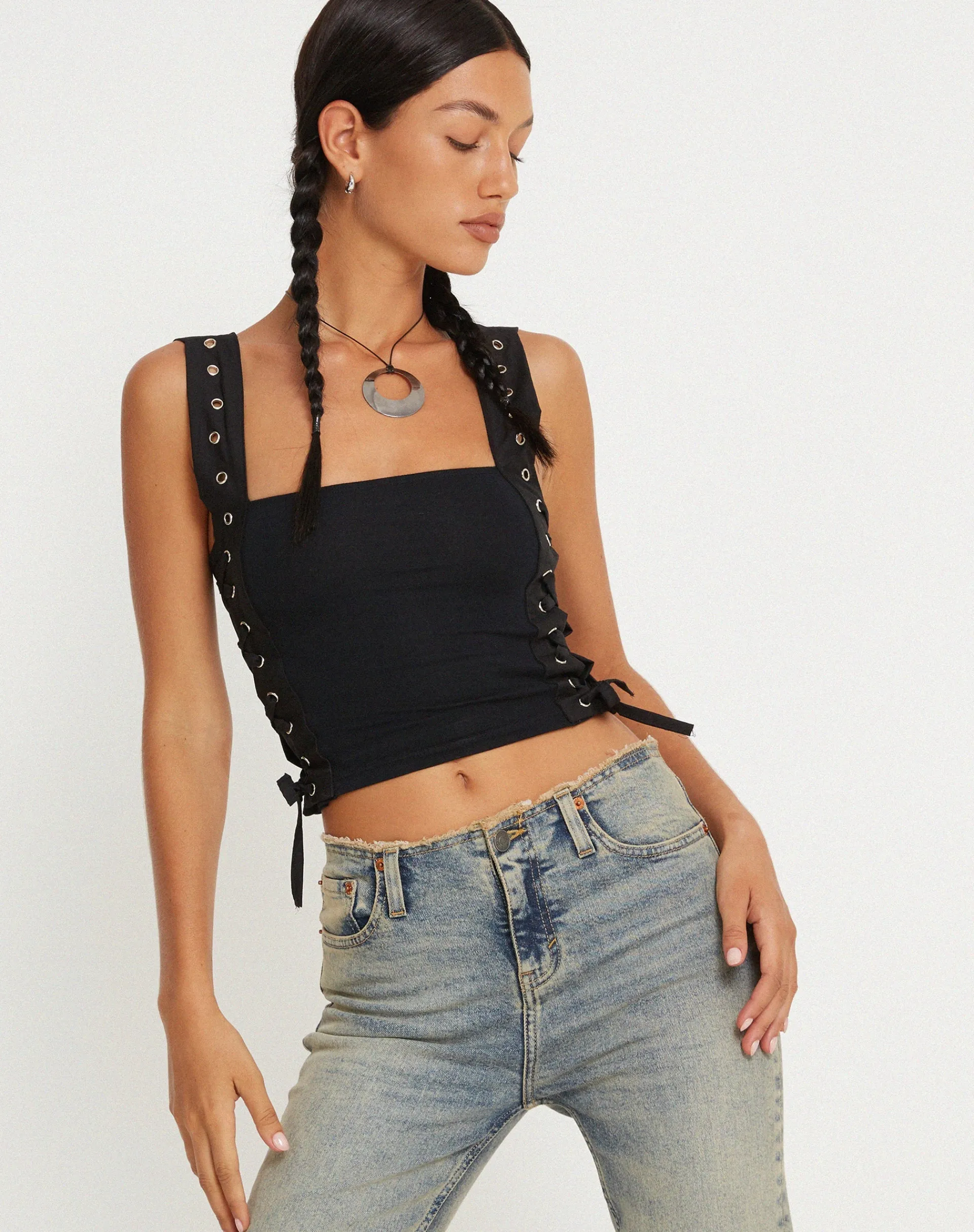 Motel Rocks Strappy Tops-Wati Crop Top in Black
