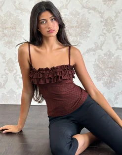 Motel Rocks Strappy Tops | Going Out Tops-Wendy Ruffle Cami Top in Argyle Mesh Brown