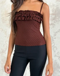 Motel Rocks Strappy Tops | Going Out Tops-Wendy Ruffle Cami Top in Argyle Mesh Brown