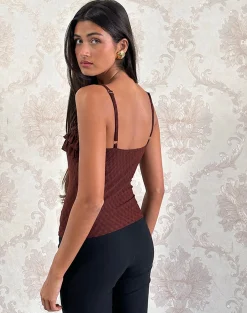 Motel Rocks Strappy Tops | Going Out Tops-Wendy Ruffle Cami Top in Argyle Mesh Brown