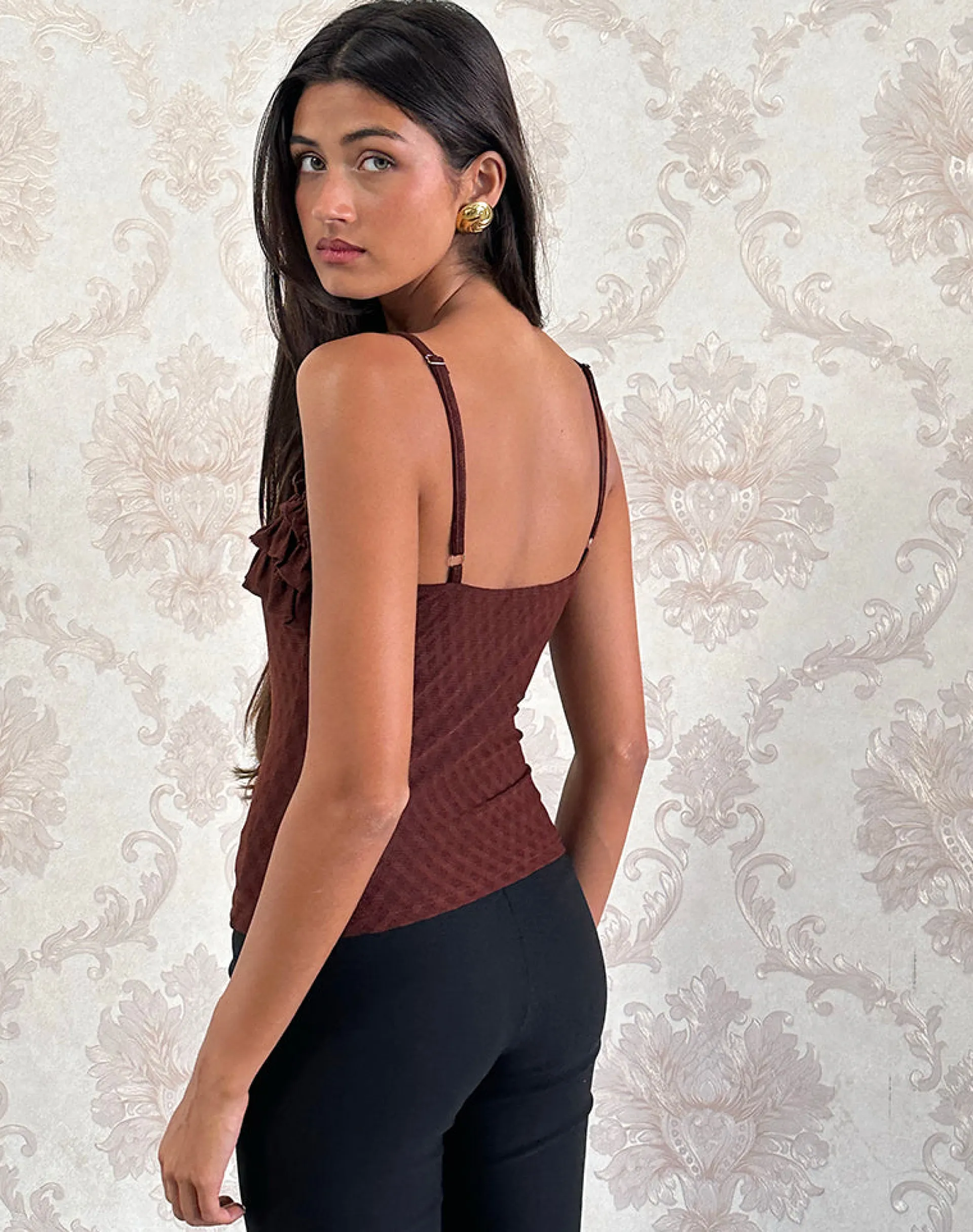 Motel Rocks Strappy Tops | Going Out Tops-Wendy Ruffle Cami Top in Argyle Mesh Brown