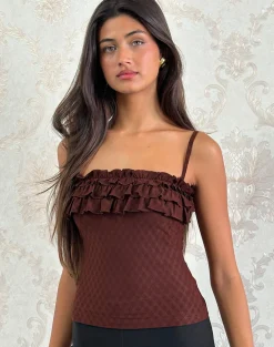 Motel Rocks Strappy Tops | Going Out Tops-Wendy Ruffle Cami Top in Argyle Mesh Brown