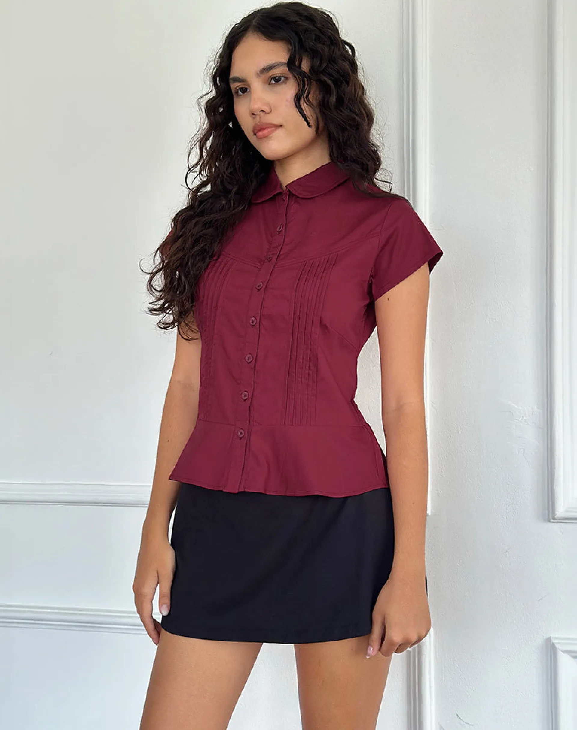Motel Rocks Shirts And Blouses-Wilmot Blouse in Burgundy Poplin BurgundyPoplin
