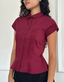 Motel Rocks Shirts And Blouses-Wilmot Blouse in Burgundy Poplin BurgundyPoplin