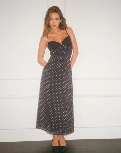 Motel Rocks Midi Dresses-Wilonna Maxi Dress in Basic Polka Black Chiffon
