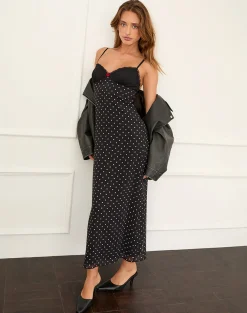 Motel Rocks Midi Dresses-Wilonna Maxi Dress in Basic Polka Black Chiffon