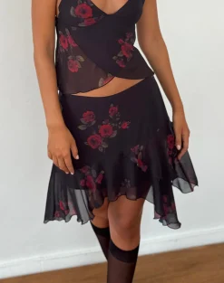Motel Rocks Printed Skirts-Winona Mini Skirt in Vintage Roses Black