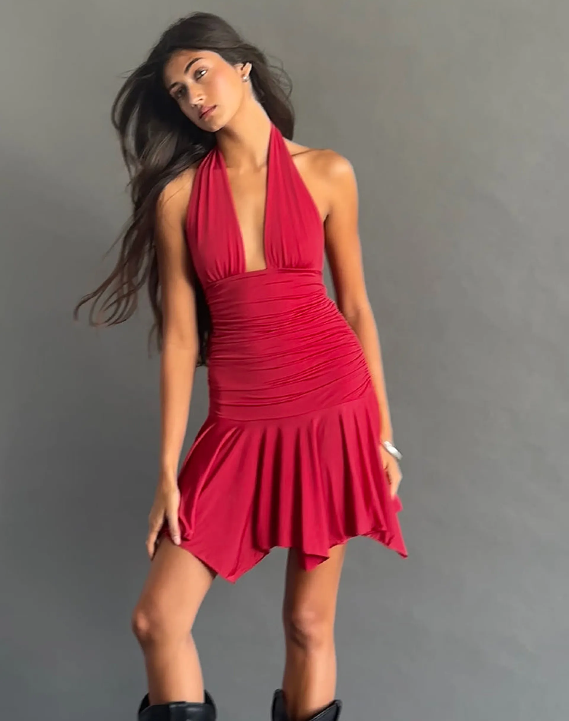 Motel Rocks Party Dresses | Mini Dresses-Winslet Plunge Mini Dress in Slinky Red