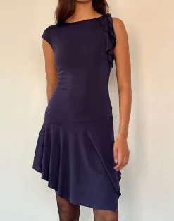 Motel Rocks Mini Dresses-Winslow Asymmetric Frill Mini Dress in Navy