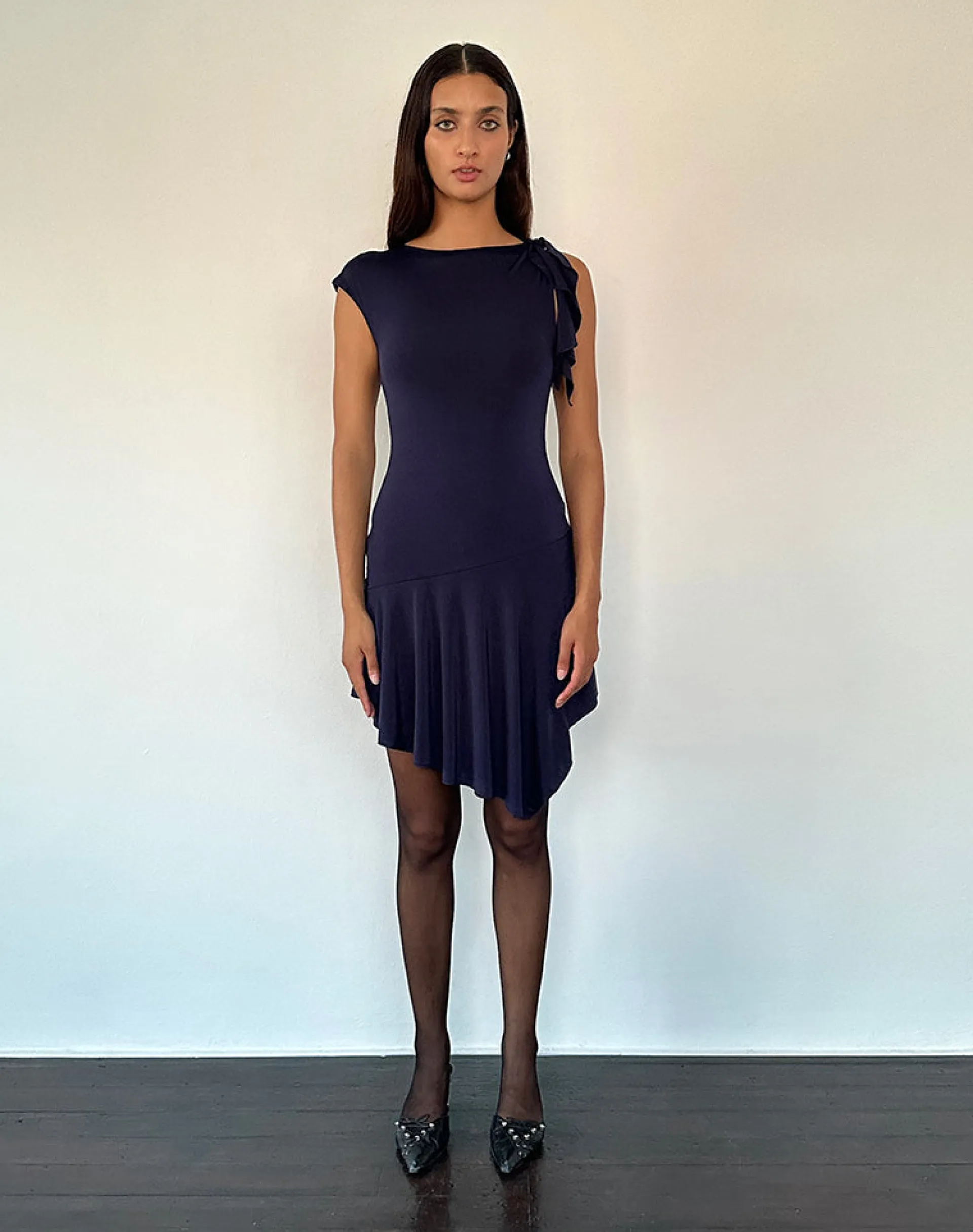 Motel Rocks Mini Dresses-Winslow Asymmetric Frill Mini Dress in Navy