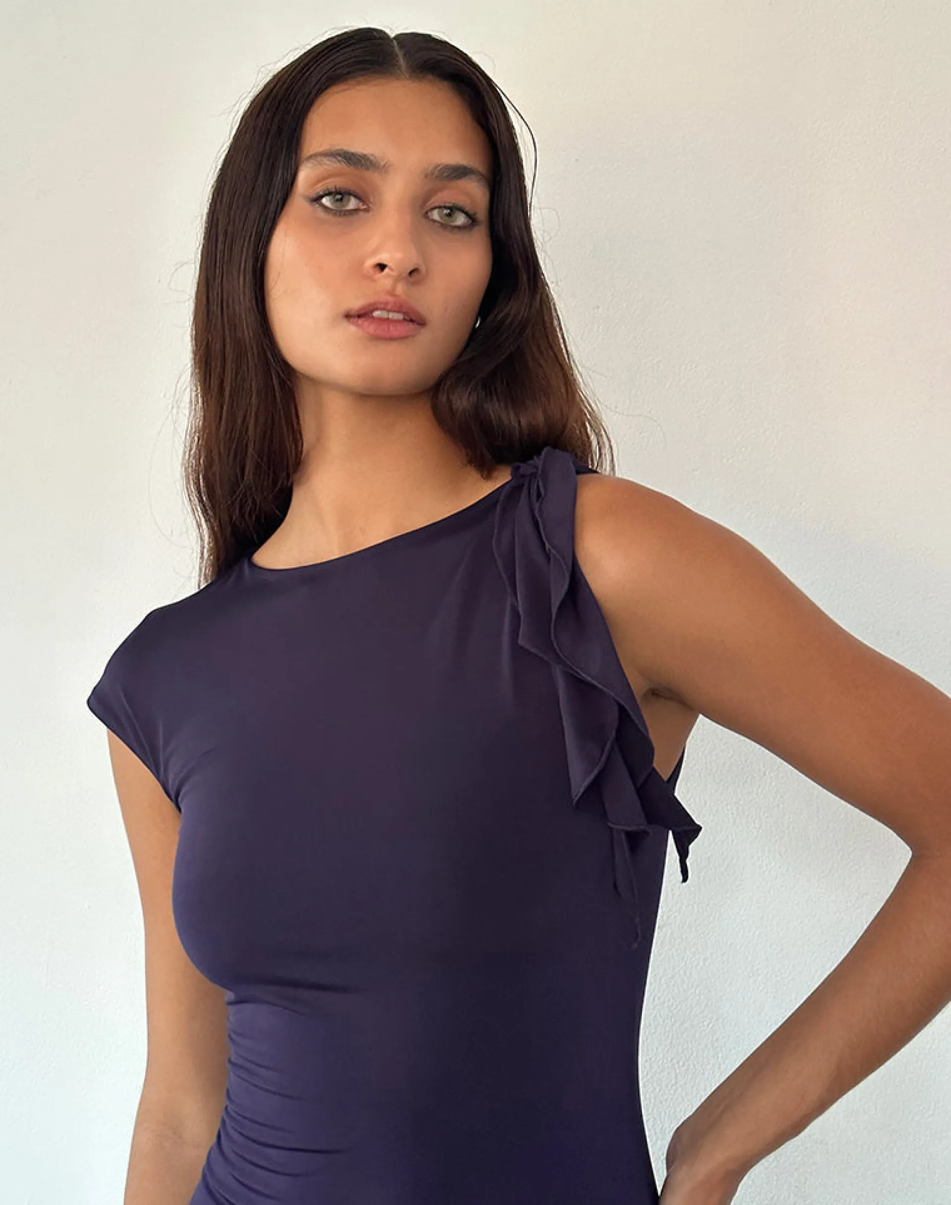 Motel Rocks Mini Dresses-Winslow Asymmetric Frill Mini Dress in Navy