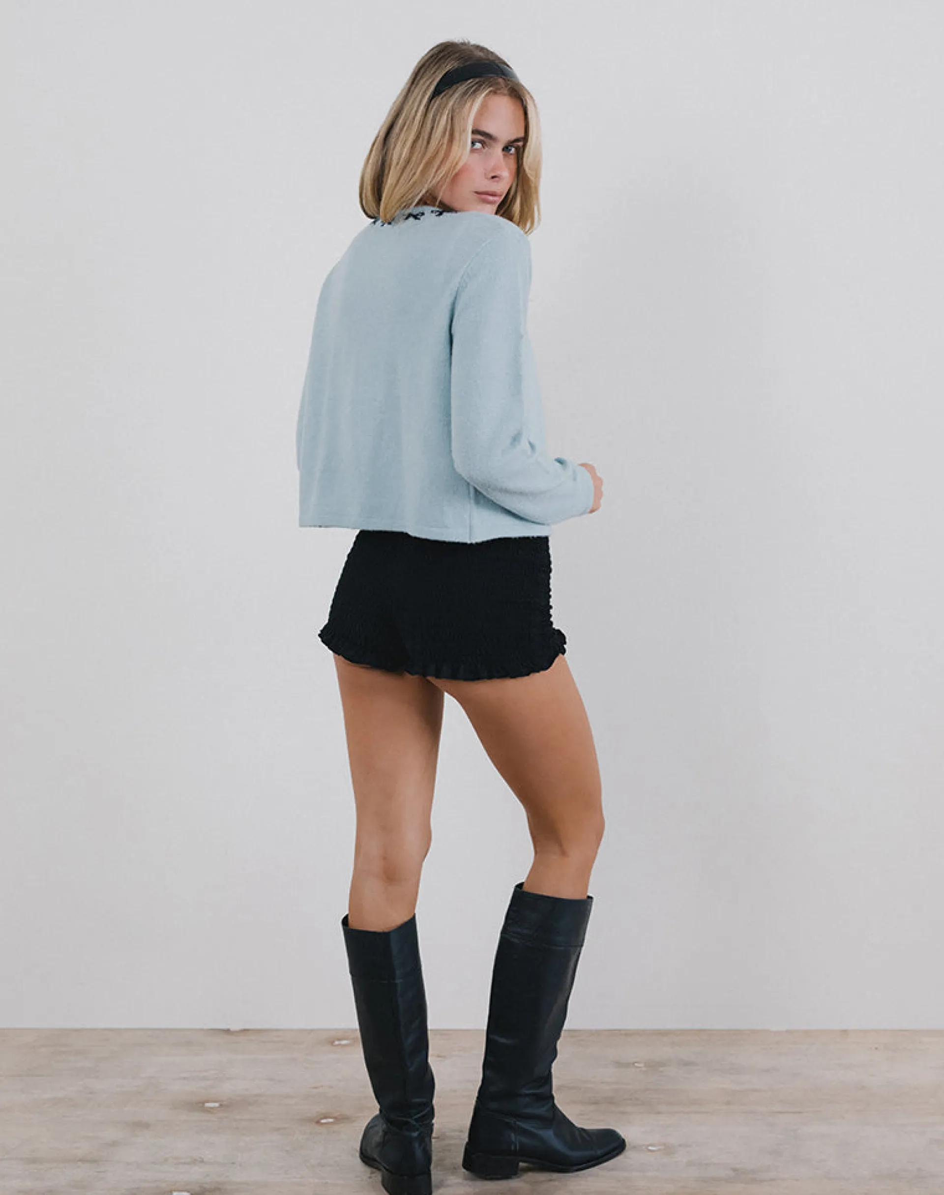 Motel Rocks Cardigans-Wunara Bow Cardigan in Light Blue LightBlue
