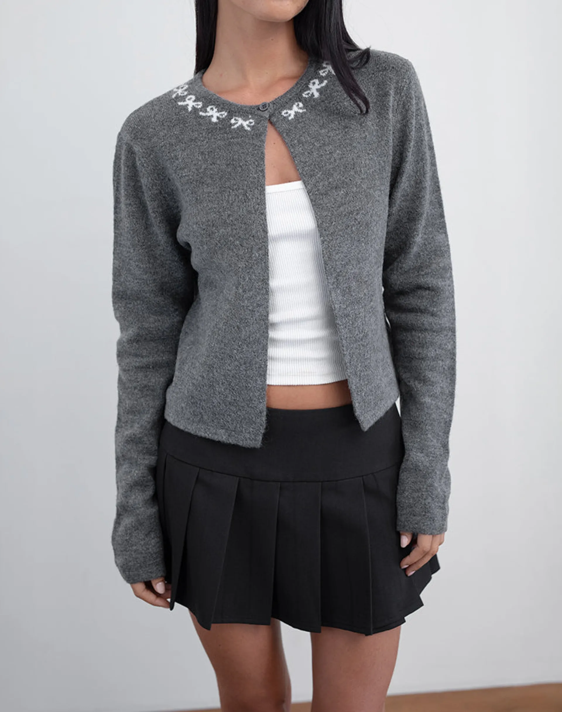 Motel Rocks Cardigans-Wunara Cardigan in Grey with Ivory Bows GreywithIvoryBows