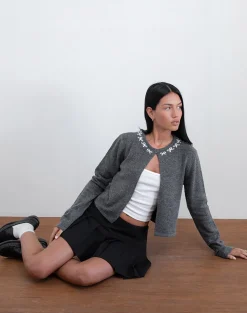Motel Rocks Cardigans-Wunara Cardigan in Grey with Ivory Bows GreywithIvoryBows