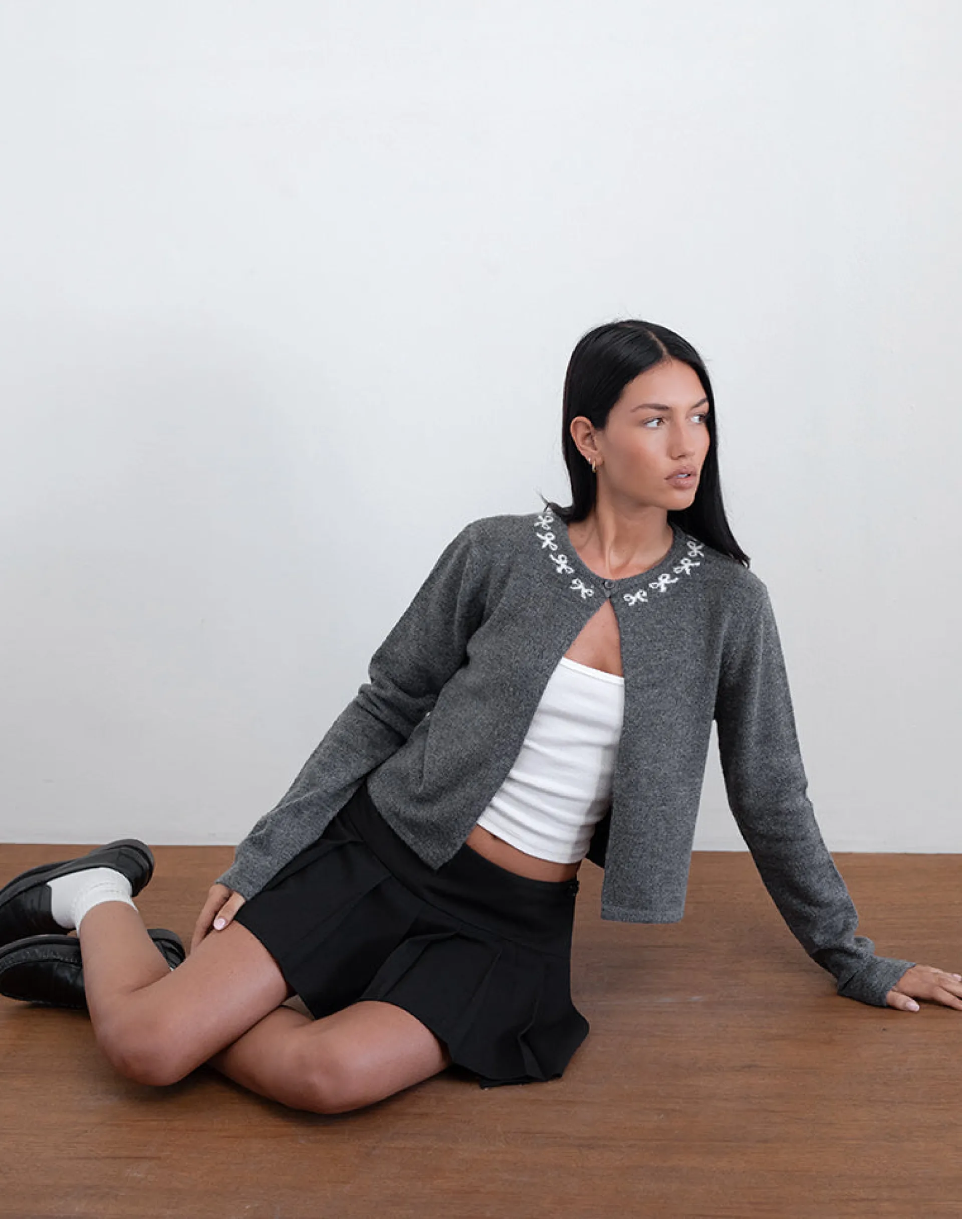 Motel Rocks Cardigans-Wunara Cardigan in Grey with Ivory Bows GreywithIvoryBows