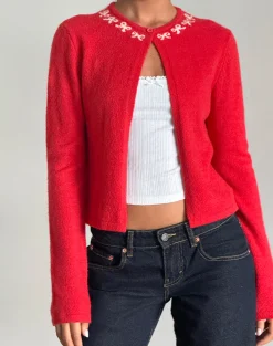 Motel Rocks Cardigans-Wunara Cardigan in Red with Pink Bows RedwithPinkBows
