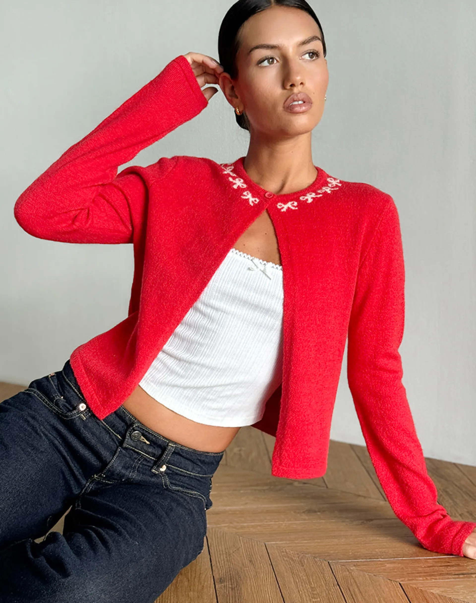 Motel Rocks Cardigans-Wunara Cardigan in Red with Pink Bows RedwithPinkBows