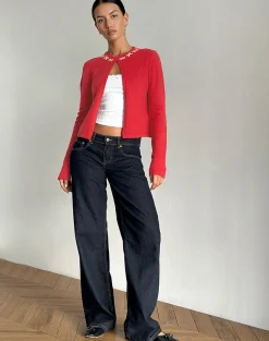 Motel Rocks Cardigans-Wunara Cardigan in Red with Pink Bows RedwithPinkBows