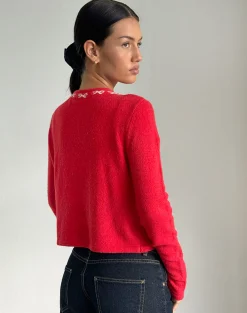 Motel Rocks Cardigans-Wunara Cardigan in Red with Pink Bows RedwithPinkBows