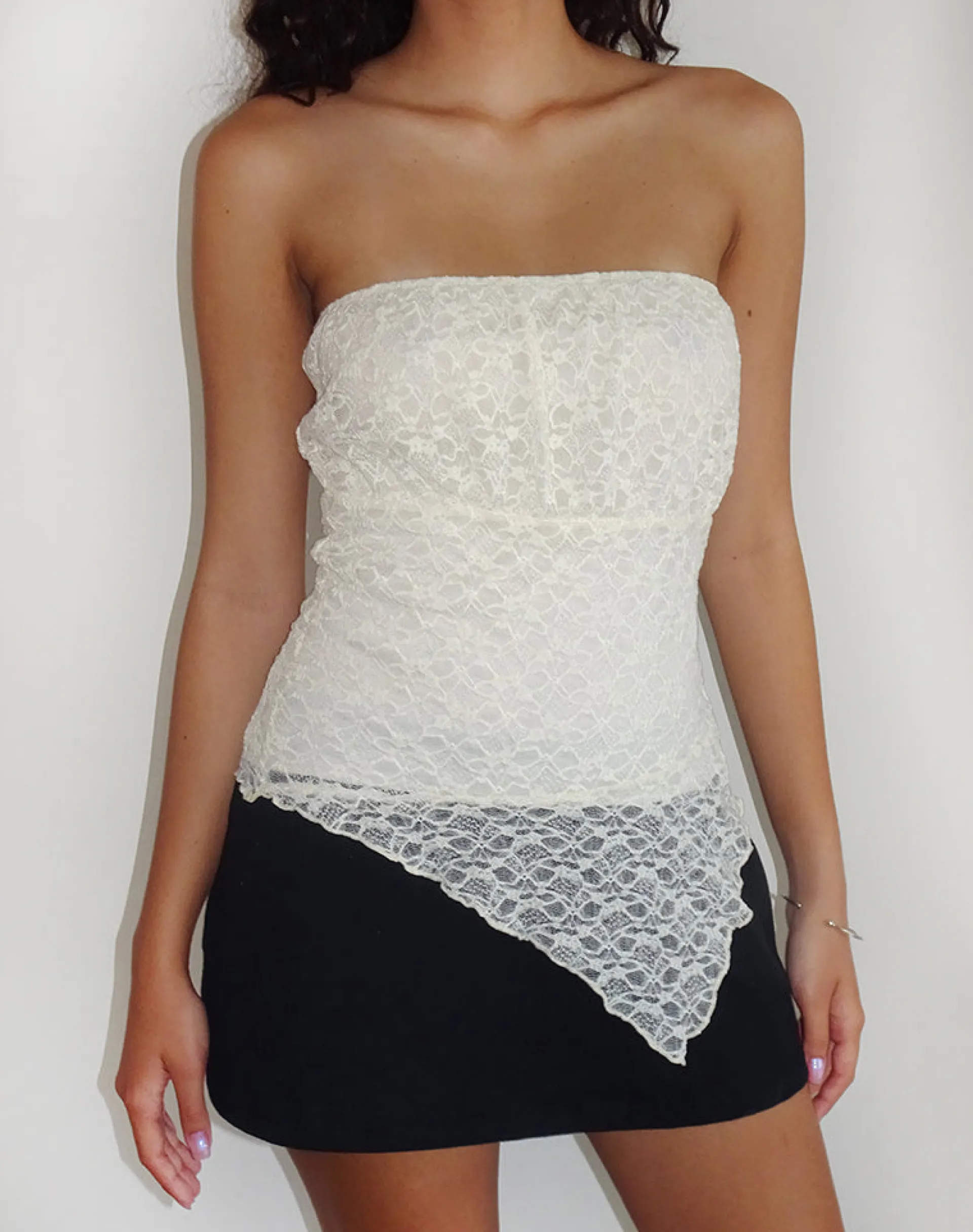 Motel Rocks Bandeau Tops | Lace Tops-Wuni Longline Bandeau Top in Lace Ivory