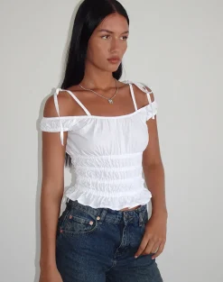 Motel Rocks Corset Tops-Xavan Bardot Tie Shoulder Top in White