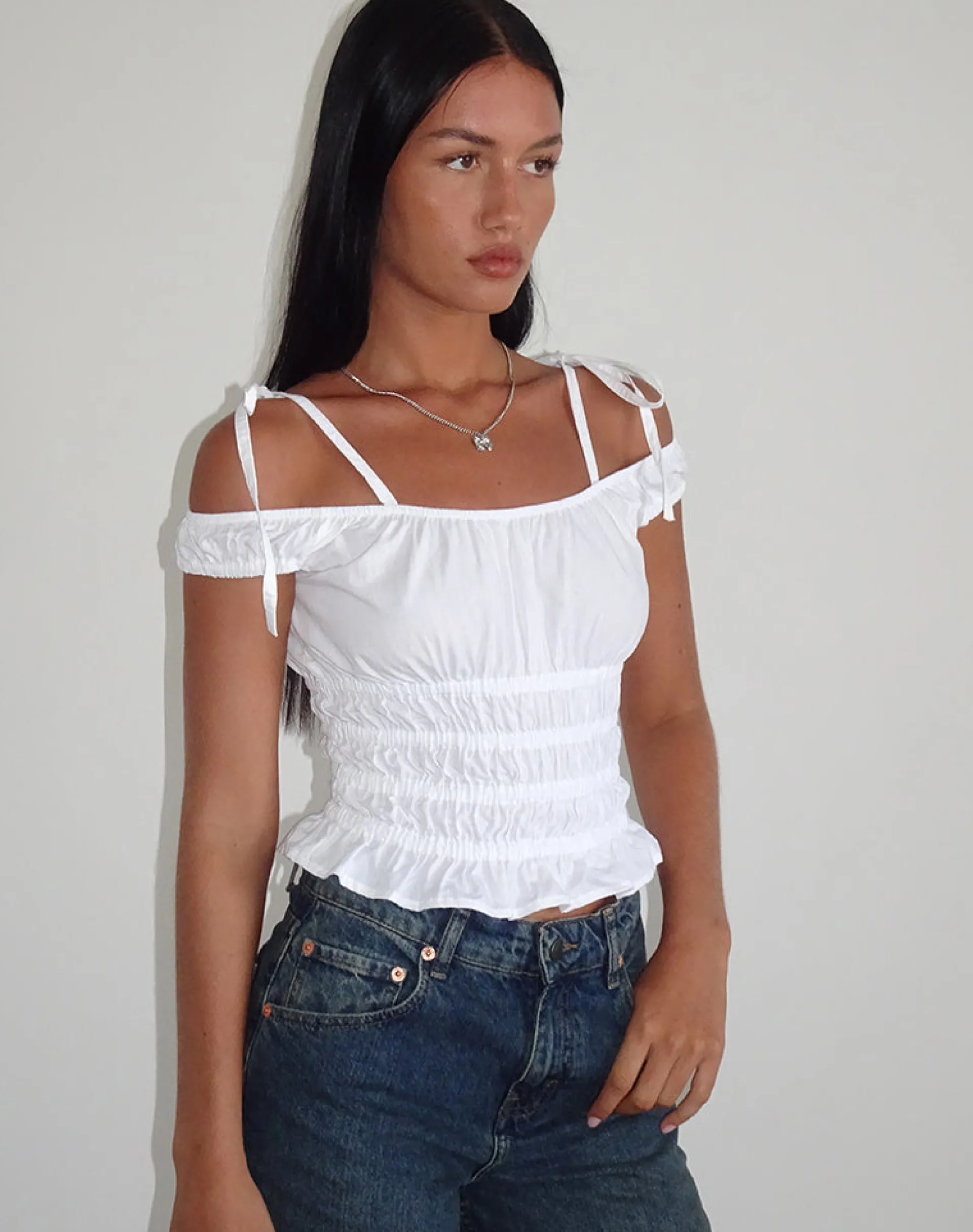 Motel Rocks Corset Tops-Xavan Bardot Tie Shoulder Top in White