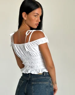 Motel Rocks Corset Tops-Xavan Bardot Tie Shoulder Top in White