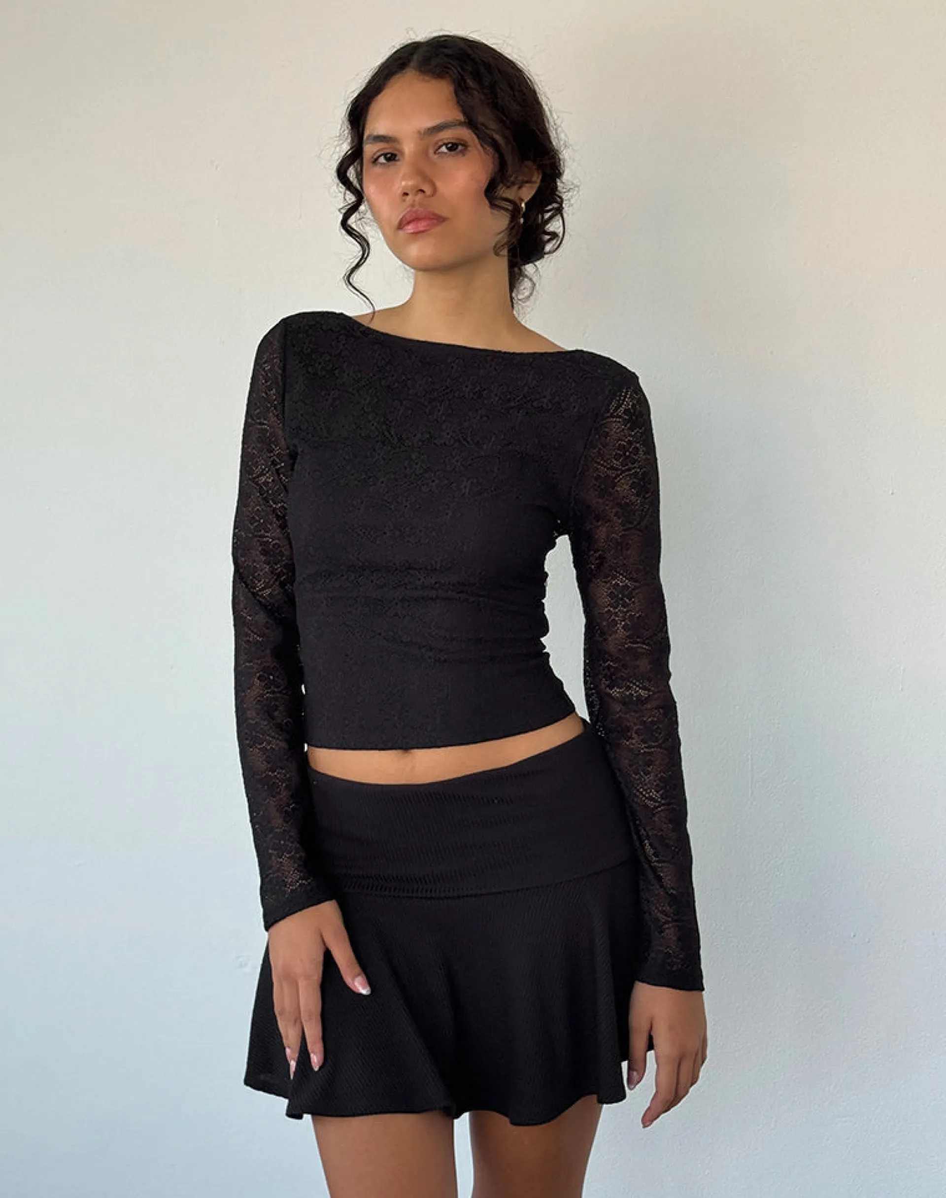 Motel Rocks Long Sleeve Tops | Lace Tops-Xiabon Backless Long Sleeve Top in Lace Black LaceBlack
