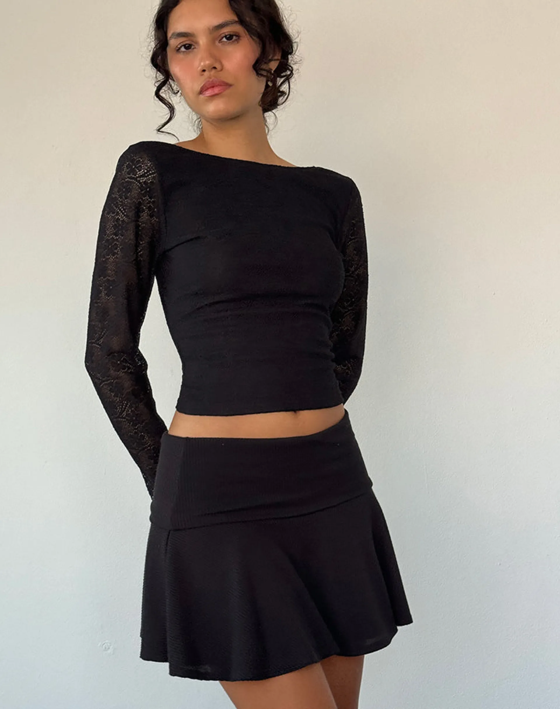 Motel Rocks Long Sleeve Tops | Lace Tops-Xiabon Backless Long Sleeve Top in Lace Black LaceBlack