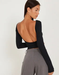 Motel Rocks Basics-Xiabon Long Sleeve Crop Top in black