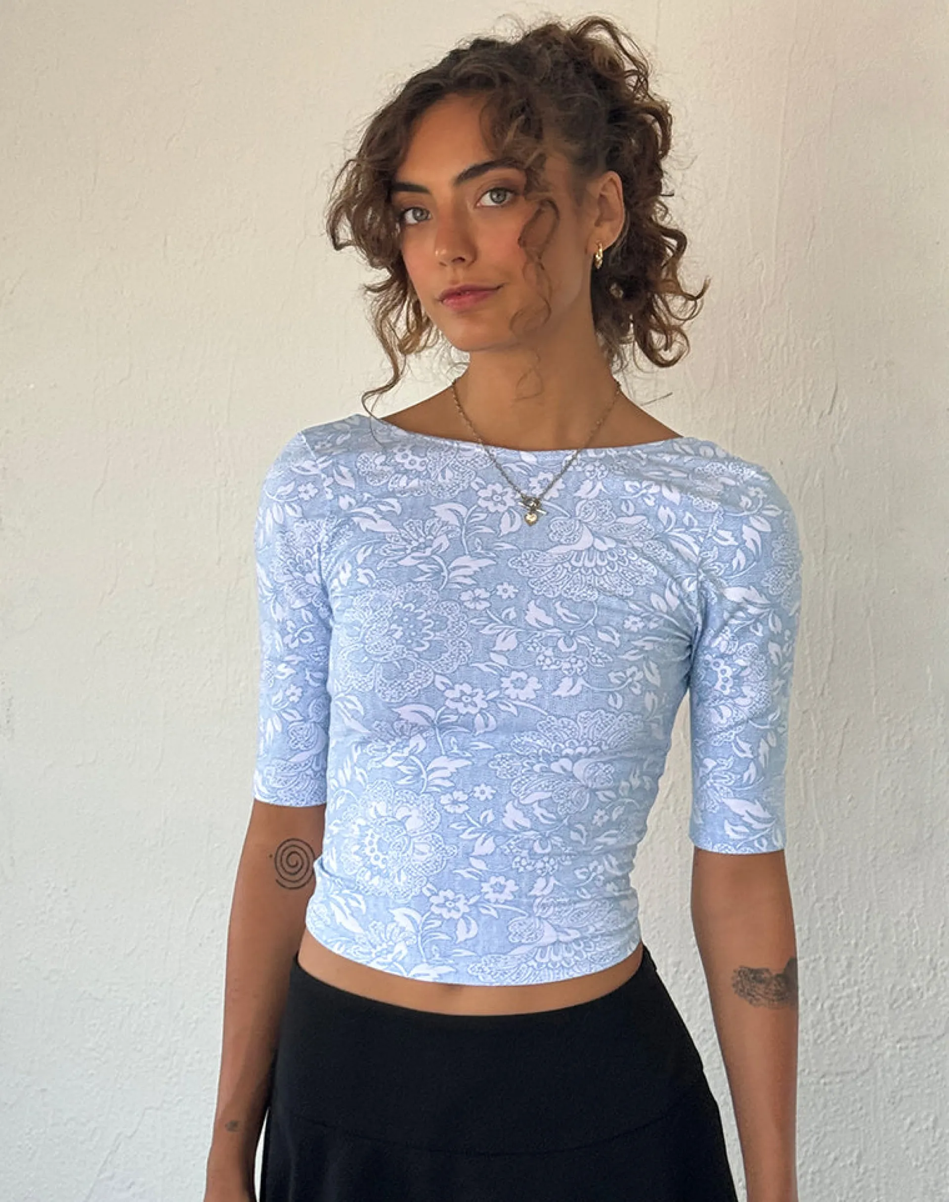 Motel Rocks Basic Tops | Printed Tops-Xiwani Top in White Ornate Print Lycra